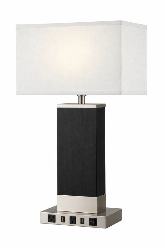 Modern Black Rectangular Table Lamp with White Shade, Brushed Nickel Accents and Integrated Controls