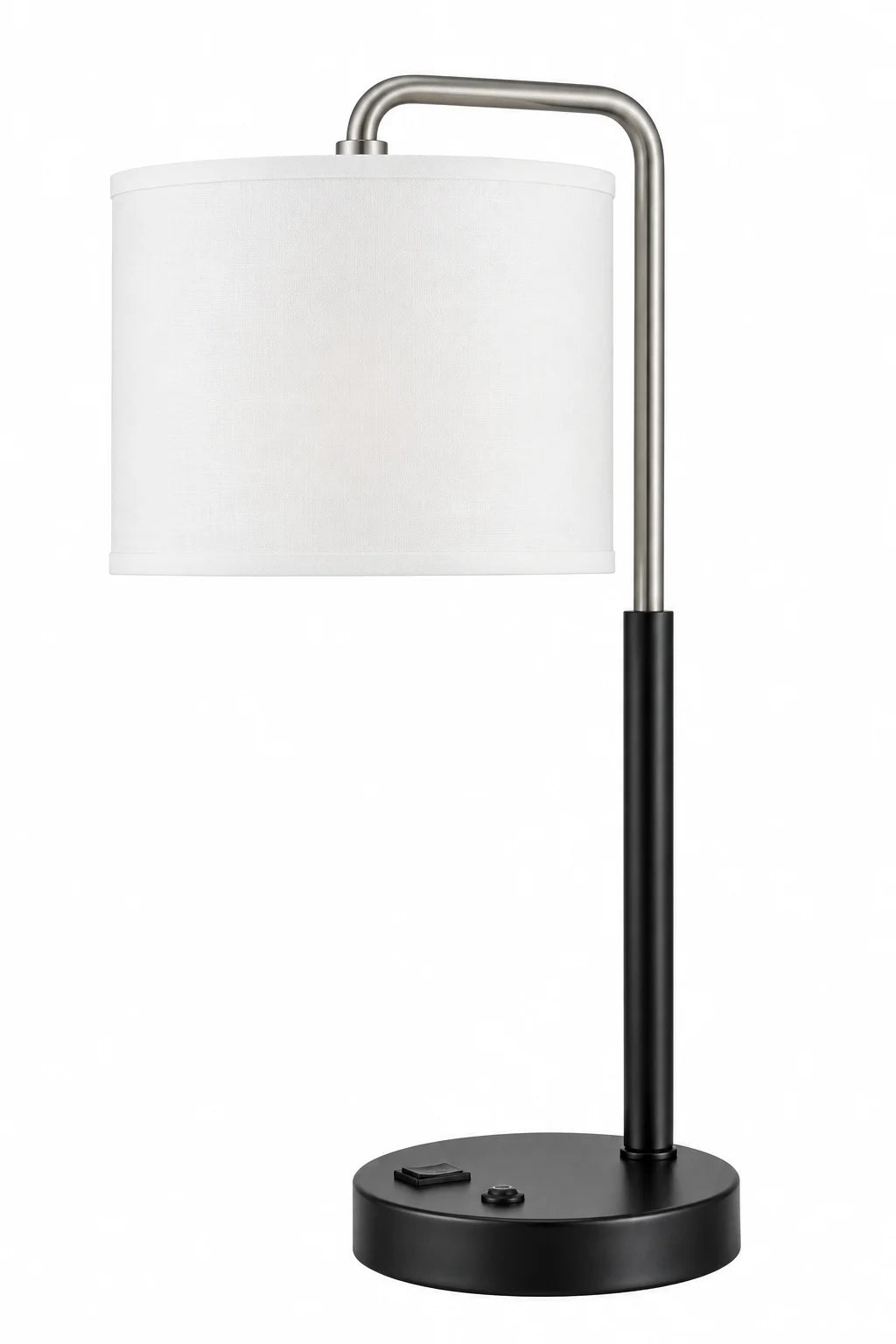 Modern Black and Silver Table Lamp with White Drum Shade and Offset Arm Design