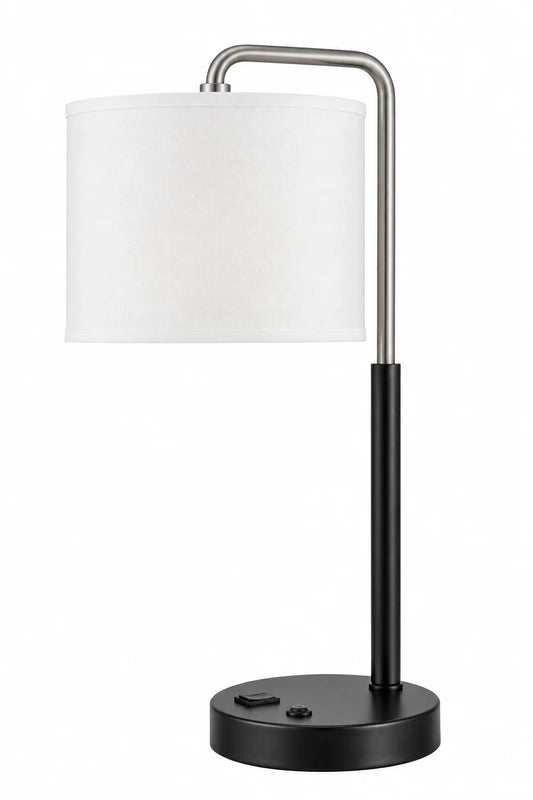 Modern Black and Silver Table Lamp with White Drum Shade and Offset Arm Design