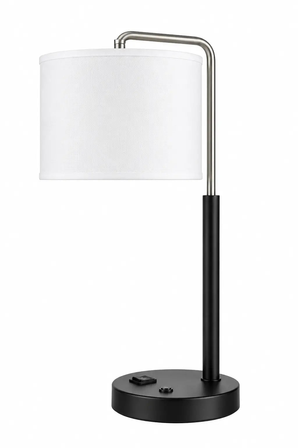 Modern Black and Silver Table Lamp with White Drum Shade and Minimal Curved Frame
