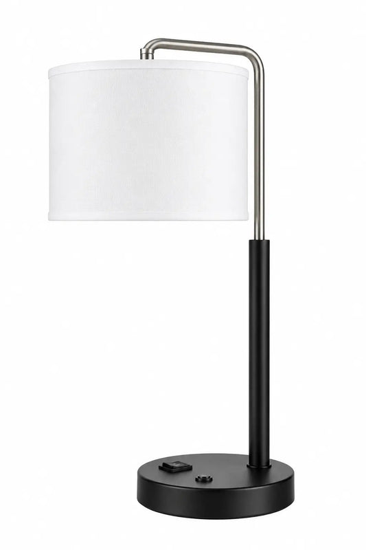 Modern Black and Silver Table Lamp with White Drum Shade and Minimal Curved Frame