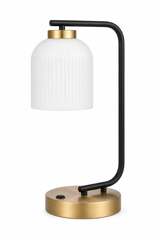 Modern Black and Gold Table Lamp with Ribbed Glass Shade and Curved Frame