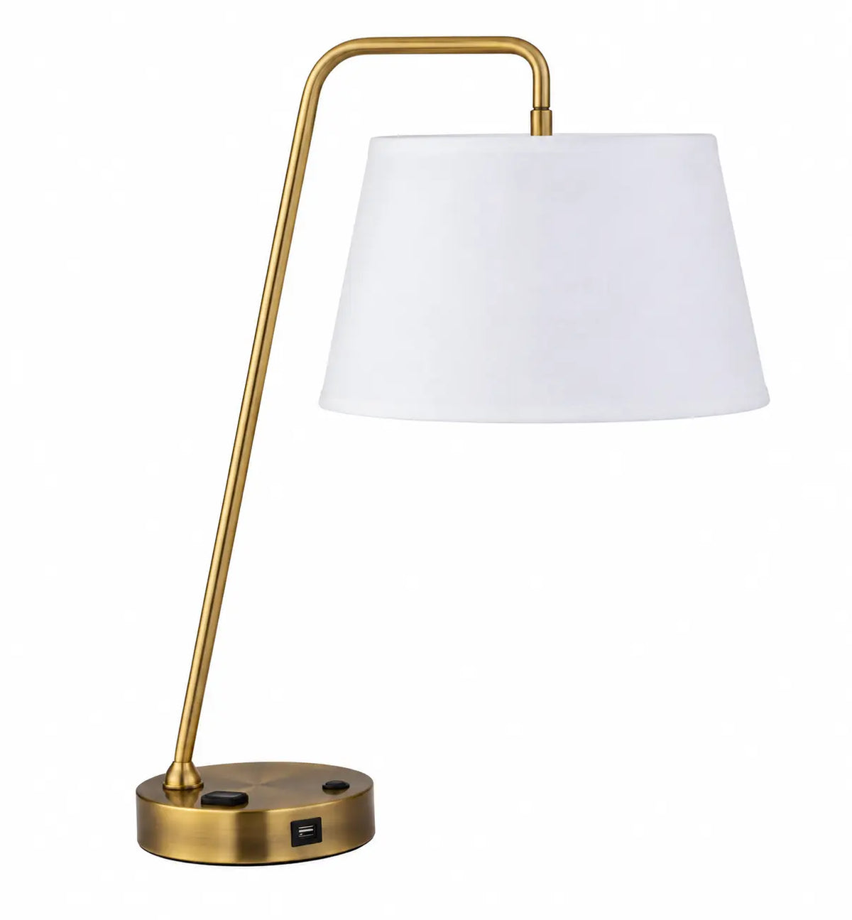 Modern Gold Arc Table Lamp with White Tapered Shade and Round Base