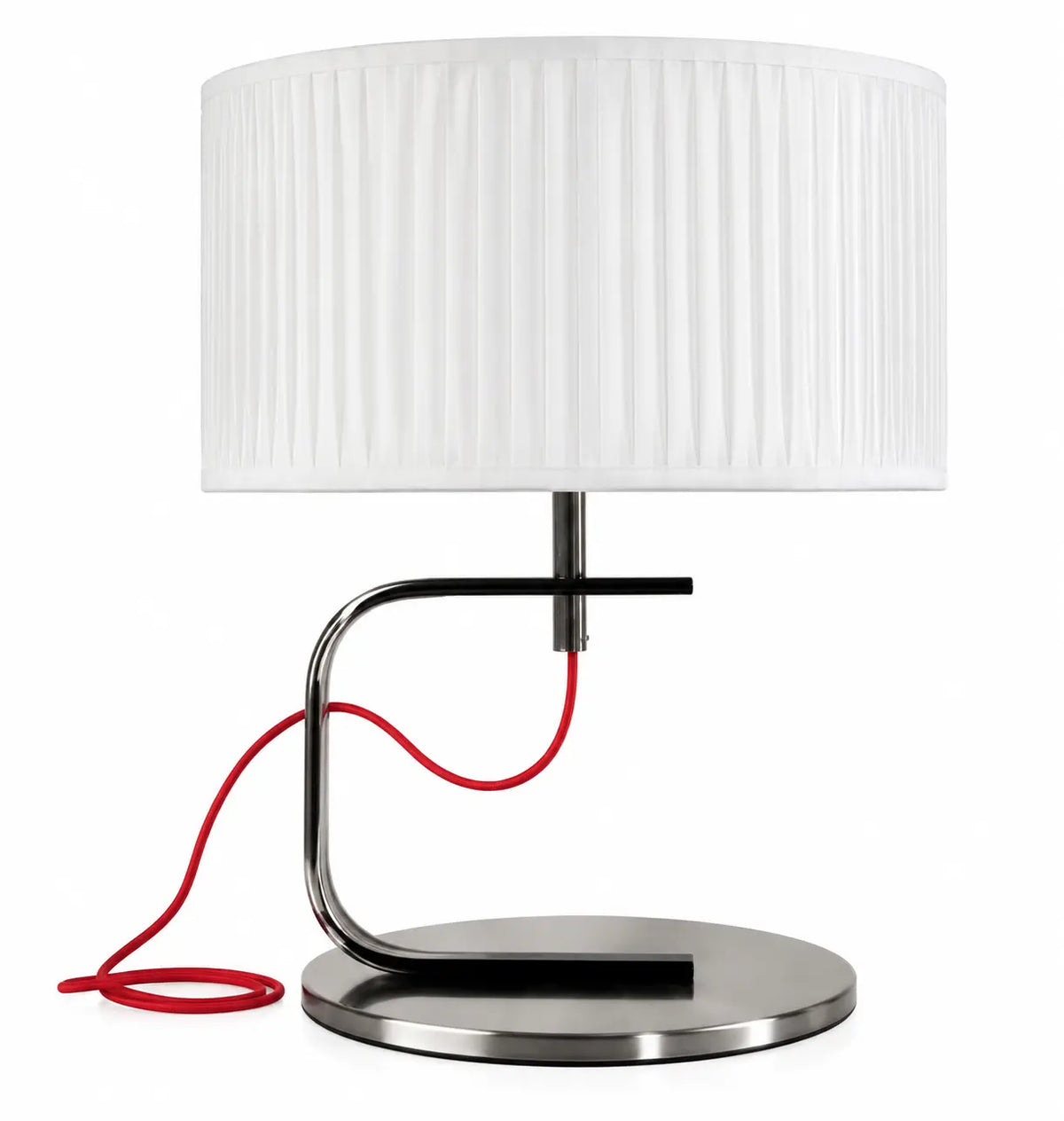 Modern Black and Silver Table Lamp with Pleated White Shade and Curved Metal Frame