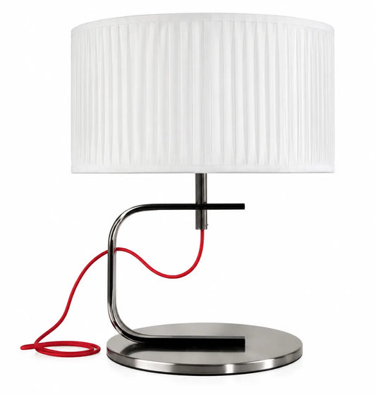 Modern Black and Silver Table Lamp with Pleated White Shade and Curved Metal Frame