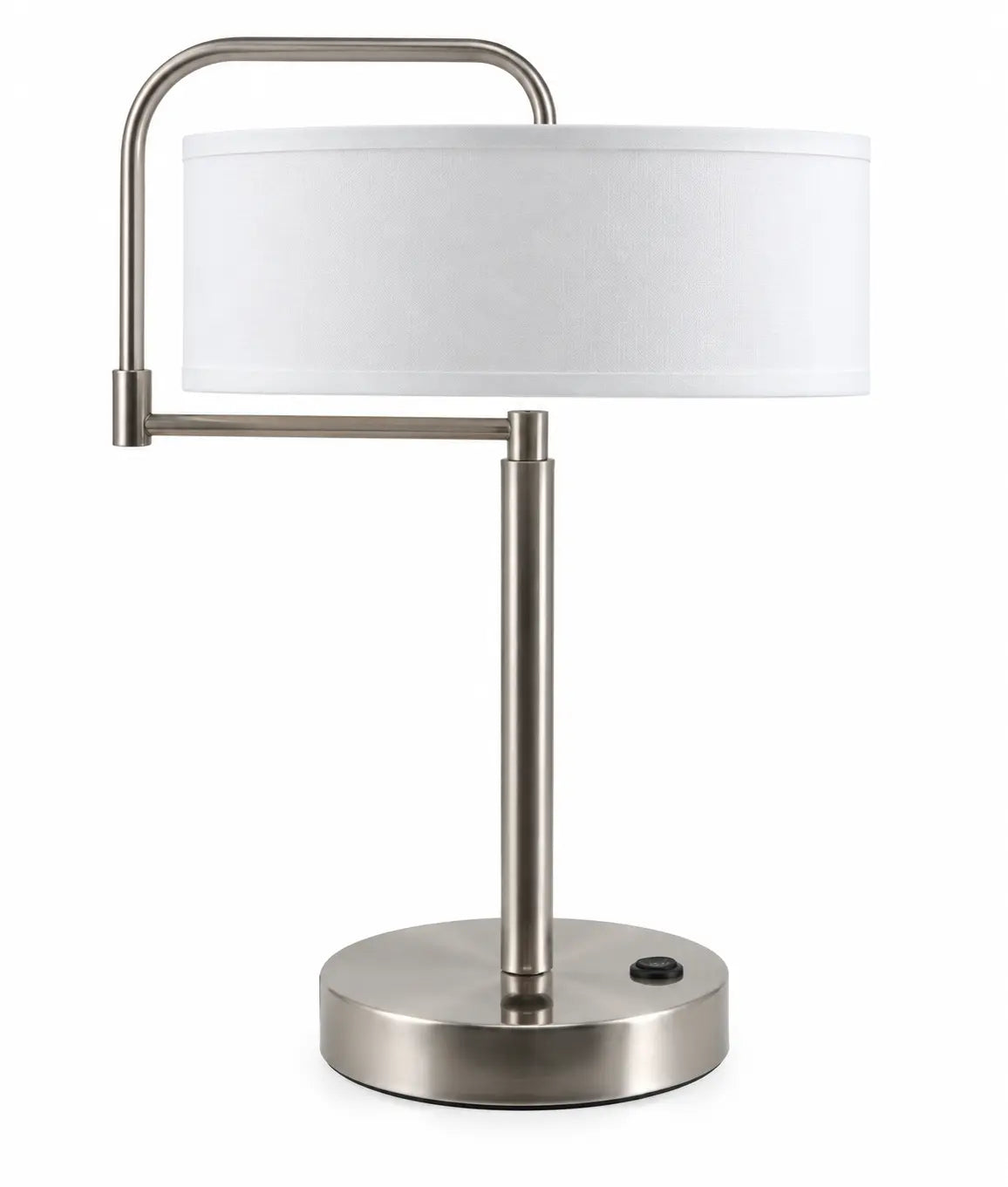 Modern Silver Arc Table Lamp with White Drum Shade and Round Base