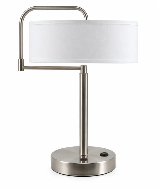 Modern Silver Arc Table Lamp with White Drum Shade and Round Base