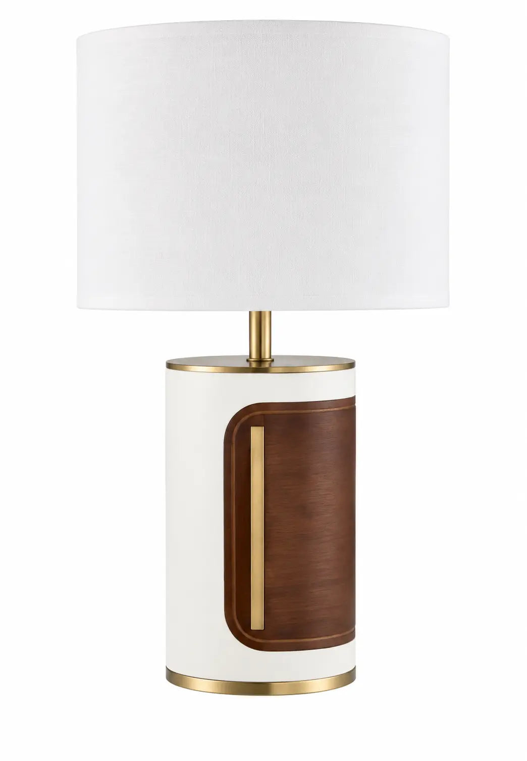 Modern White Table Lamp with Cylindrical Base, Brown Accent Panel and Gold-Tone Detail