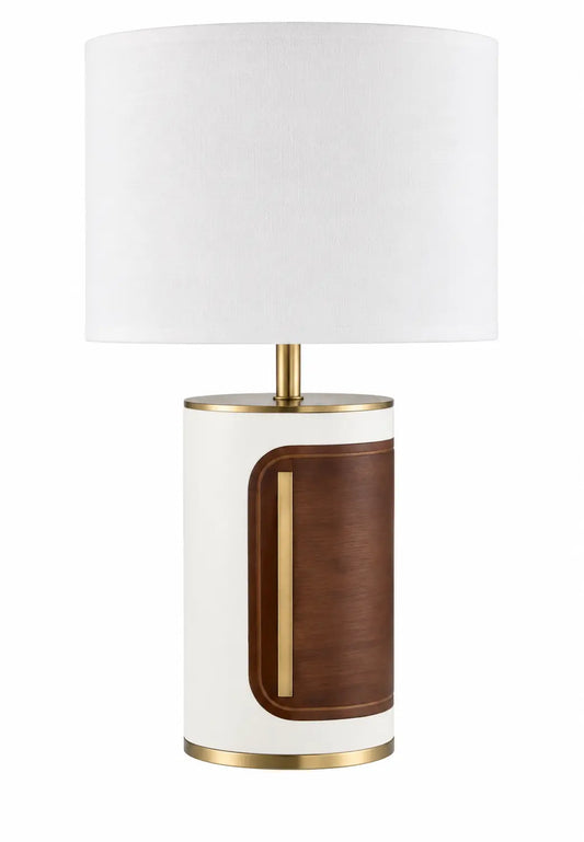 Modern White Table Lamp with Cylindrical Base, Brown Accent Panel and Gold-Tone Detail