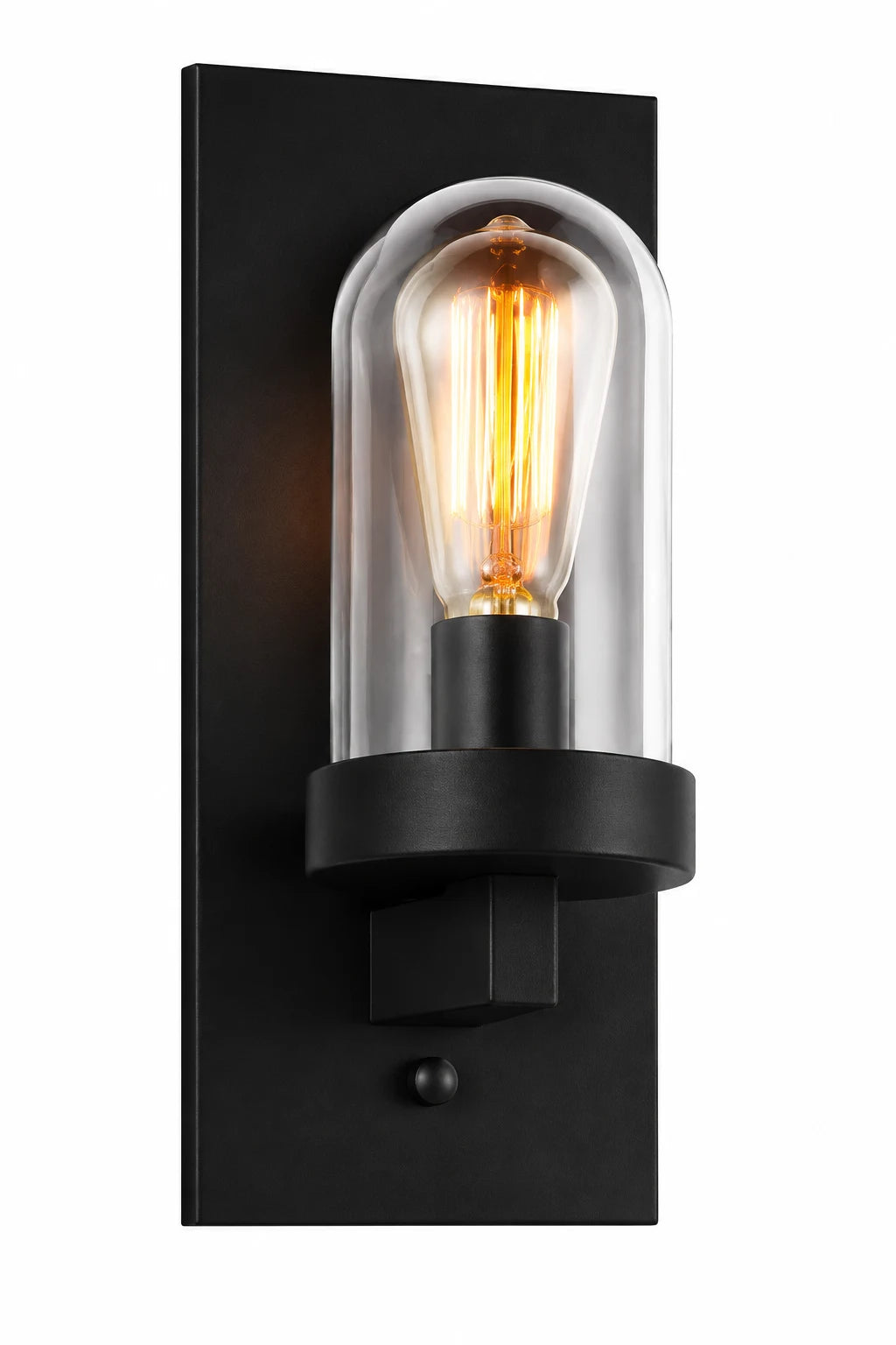 Black Modern Wall Lamp with Clear Glass Cylinder Shade and Exposed Bulb