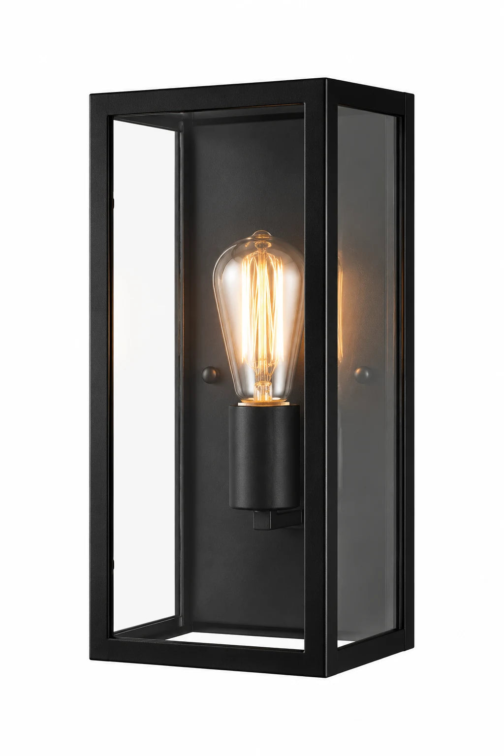 Black Rectangular Wall Lamp with Open Glass Frame and Exposed Bulb