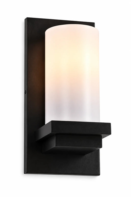 Black Modern Wall Lamp with Frosted Glass Cylinder Shade and Geometric Base