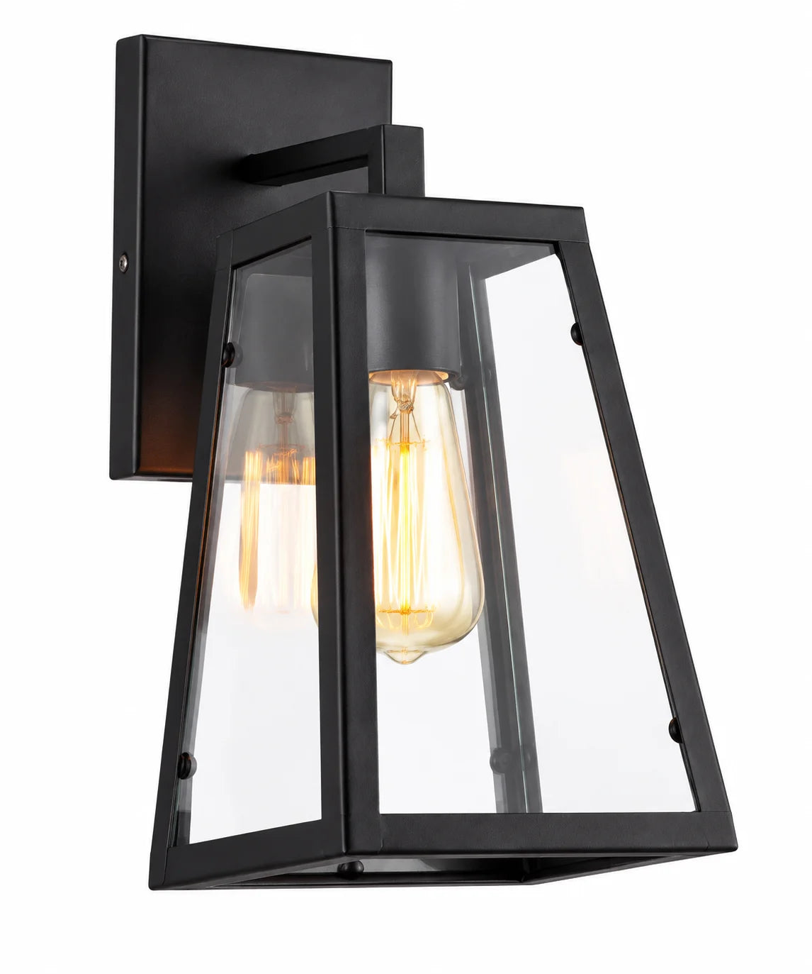 Black Outdoor-Style Wall Lamp with Angled Clear Glass Frame and Exposed Bulb