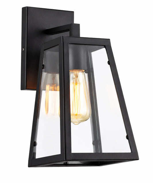 Black Outdoor-Style Wall Lamp with Angled Clear Glass Frame and Exposed Bulb