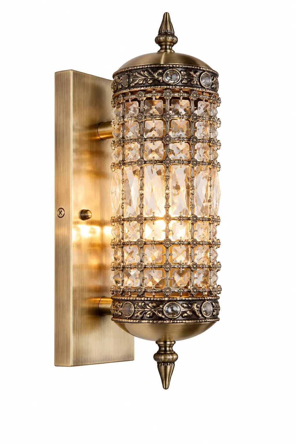 Antique Gold Crystal Cylinder Wall Lamp with Decorative Beaded Shade
