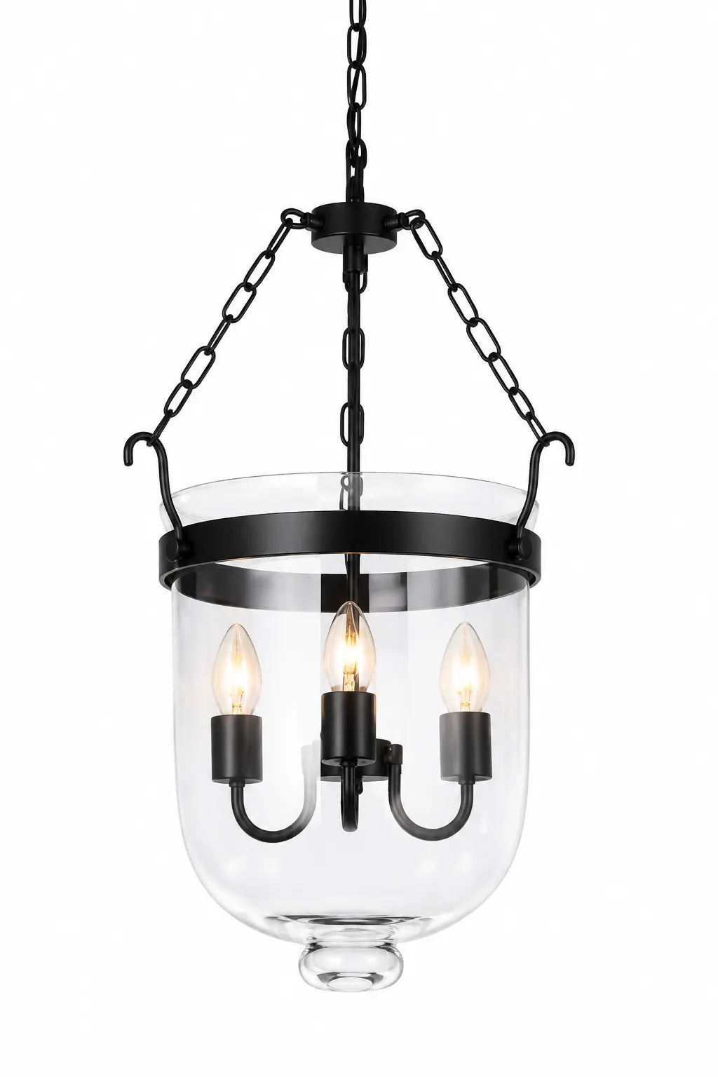 Black and Clear Glass Globe Pendant Lamp with Candle-Style Lights and Chain Suspension