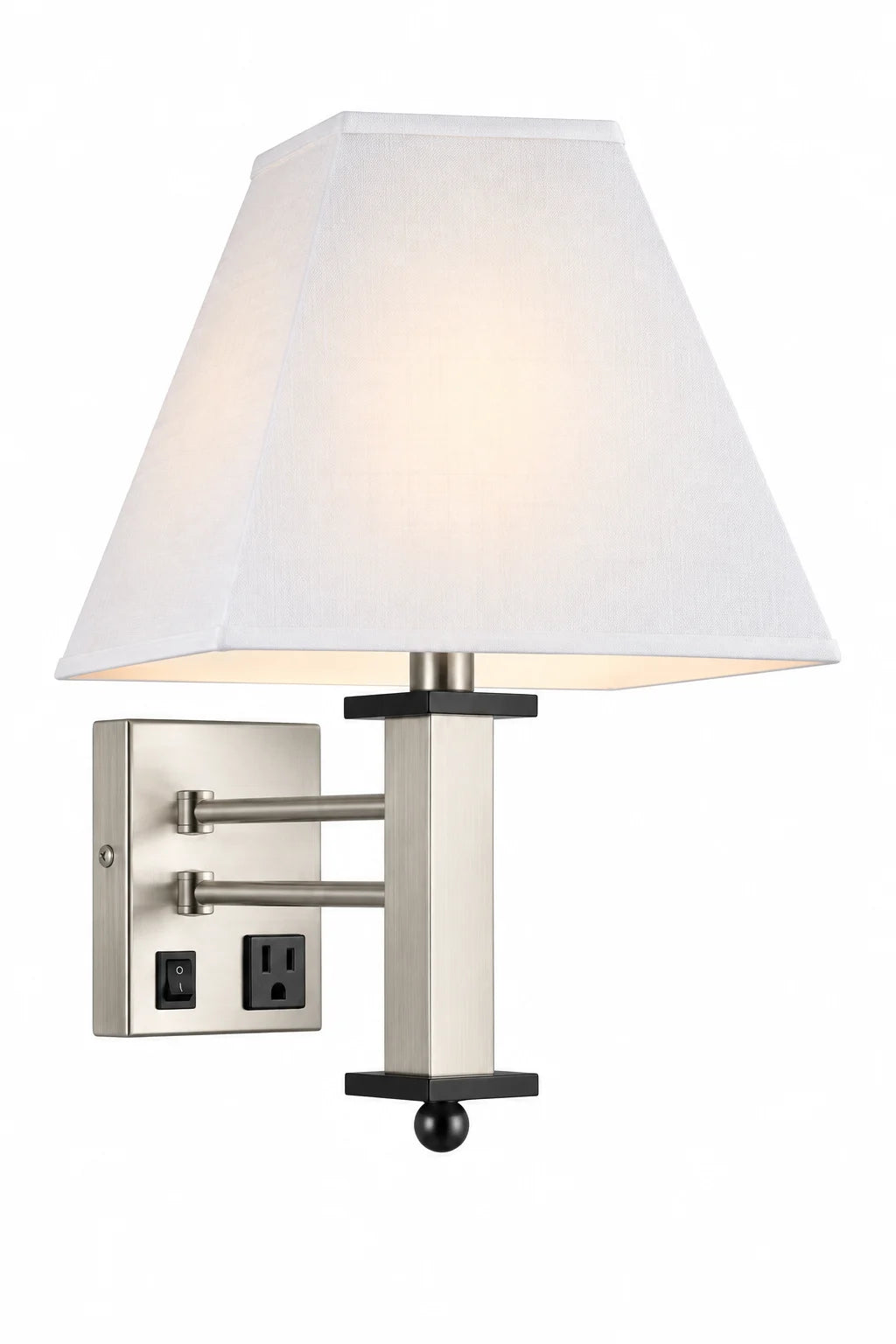 Brushed Nickel Wall Lamp with White Tapered Shade, Adjustable Reading Light and Built-In Power Outlet