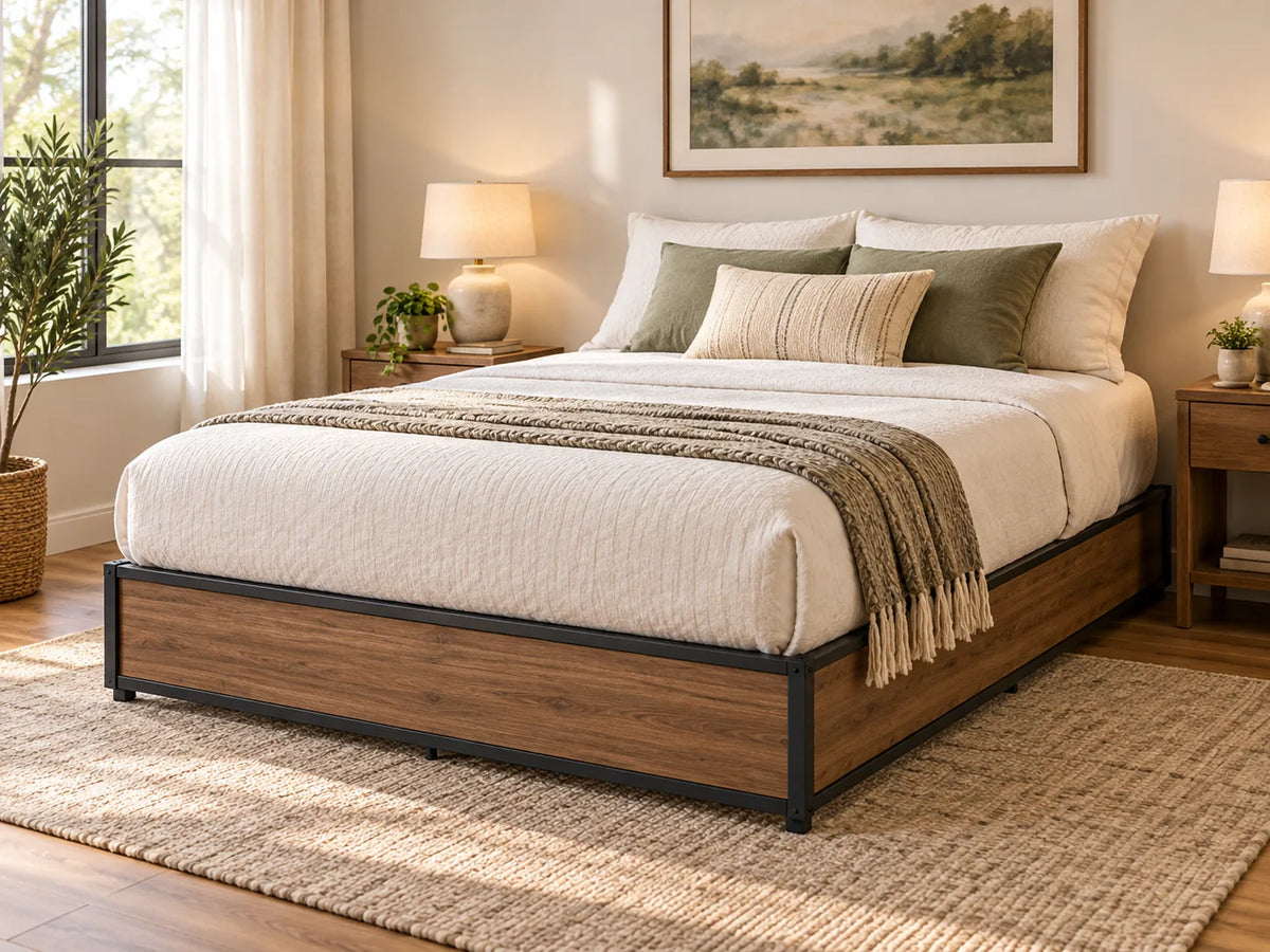 Heavy-Duty Steel Platform Bed Base with Wood-Look Finish – 1,800 lbs Weight Capacity, 18-Inch Height