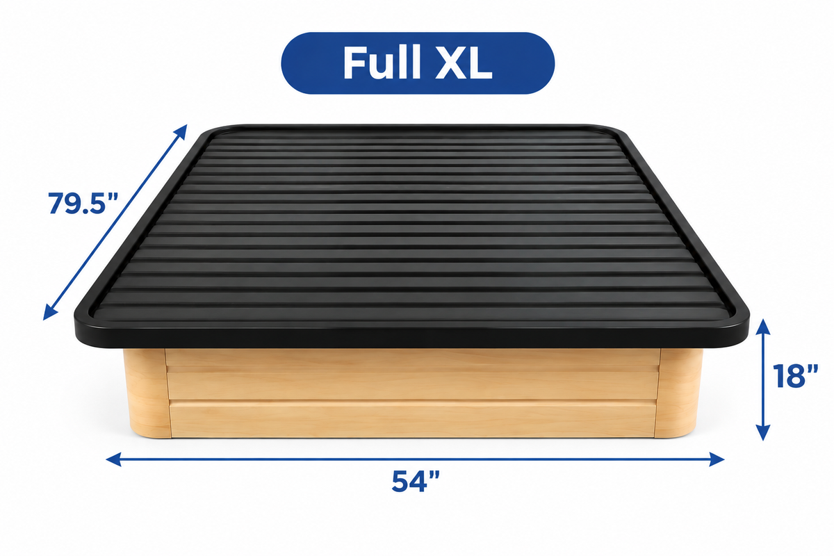 Black Steel Platform Bed Base with Horizontal Slat Support and Brown Enclosed Base