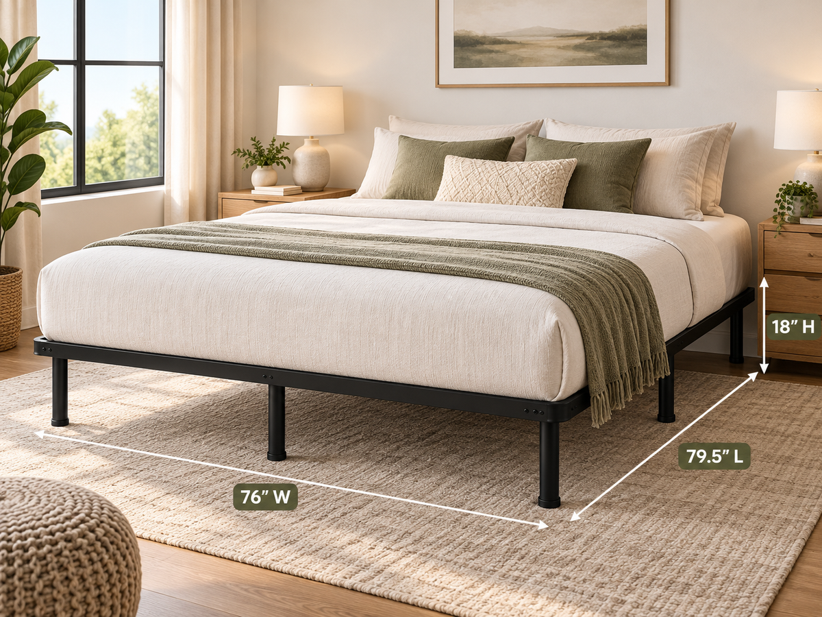 Black Steel Platform Bed Frame with Wire Grid Support and Raised Legs– 1,800 lbs Weight Capacity, 18-Inch Height