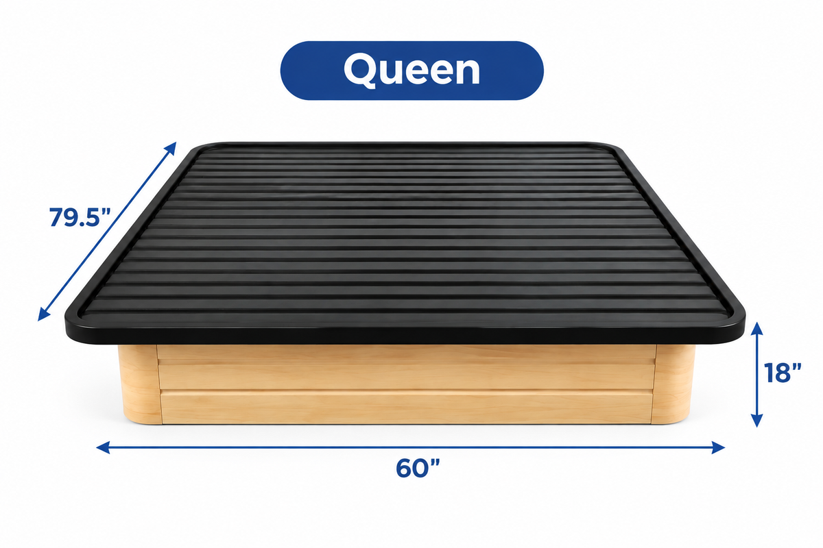 Black Steel Platform Bed Base with Horizontal Slat Support and Brown Enclosed Base