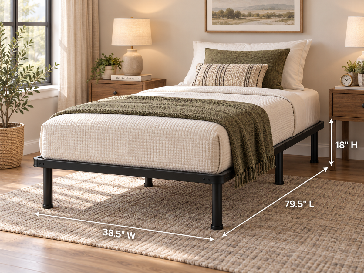Black Steel Platform Bed Frame with Wire Grid Support and Raised Legs– 1,800 lbs Weight Capacity, 18-Inch Height