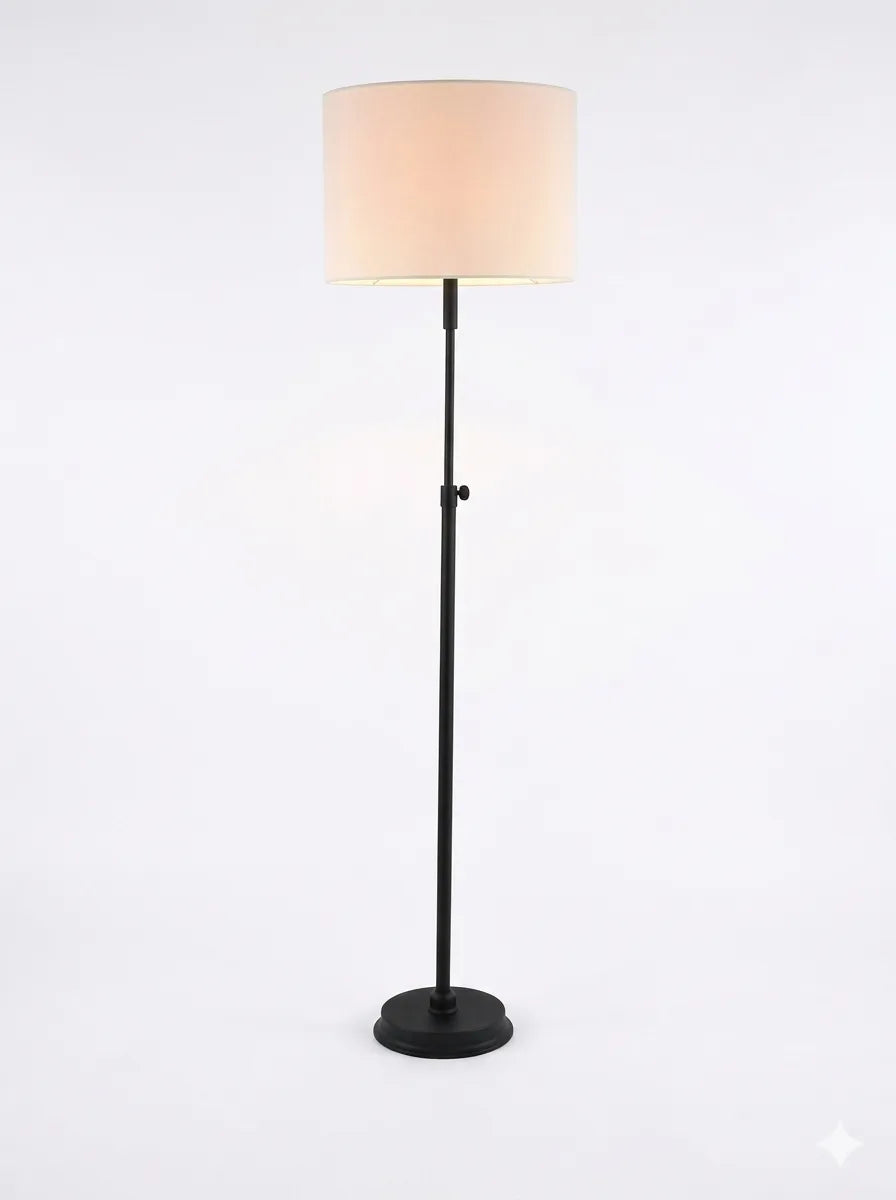 Modern Floor Lamp with White Cylindrical Shade and Black Round Base