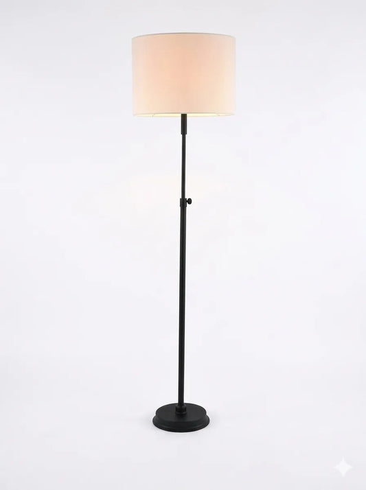 Modern Floor Lamp with White Cylindrical Shade and Black Round Base