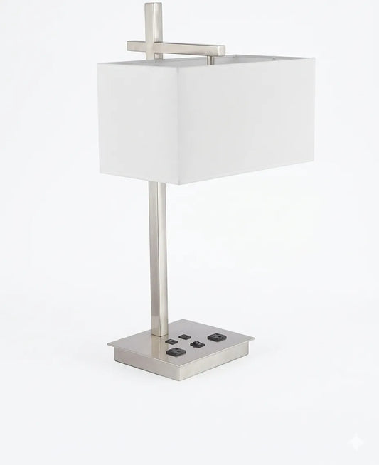 Modern Table Lamp with White Fabric Shade & Rectangular Metal Base – Contemporary Bedside & Desk Lamp