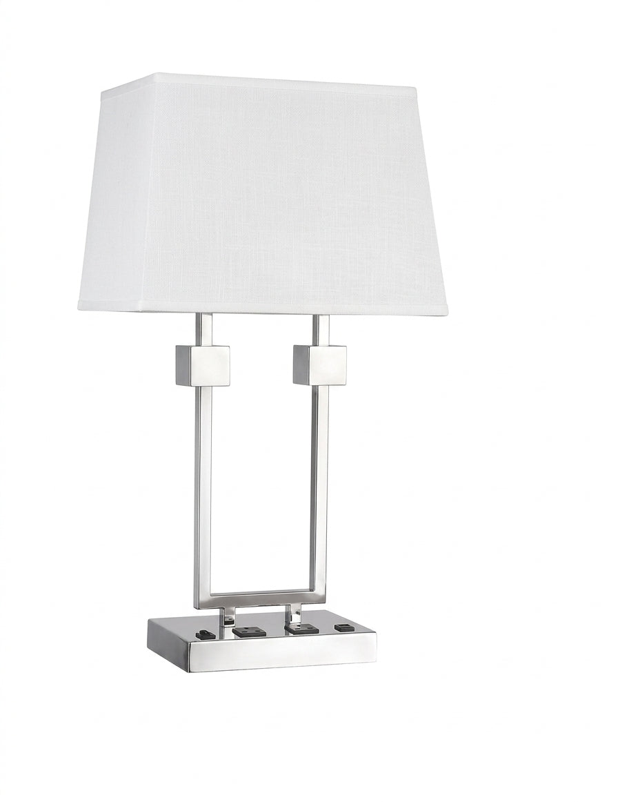 Modern Double-Post Table Lamp with White Fabric Shade – Contemporary Metal Accent Light