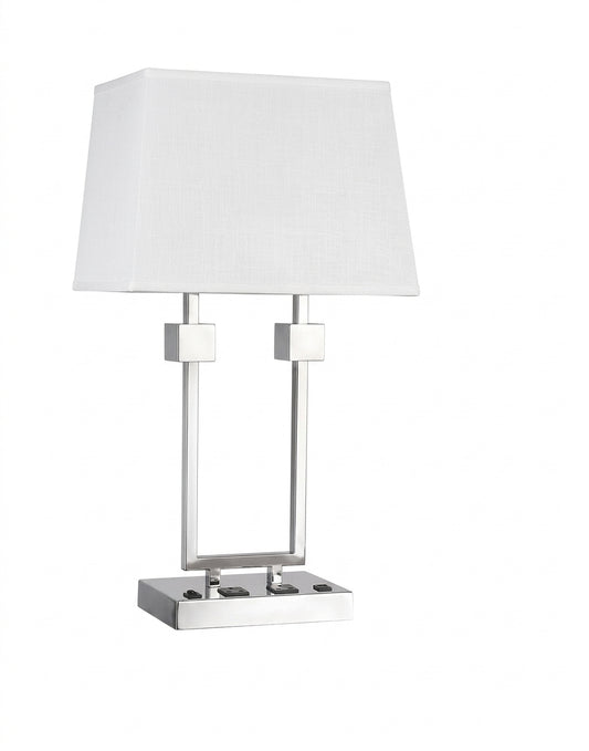 Modern Double-Post Table Lamp with White Fabric Shade – Contemporary Metal Accent Light