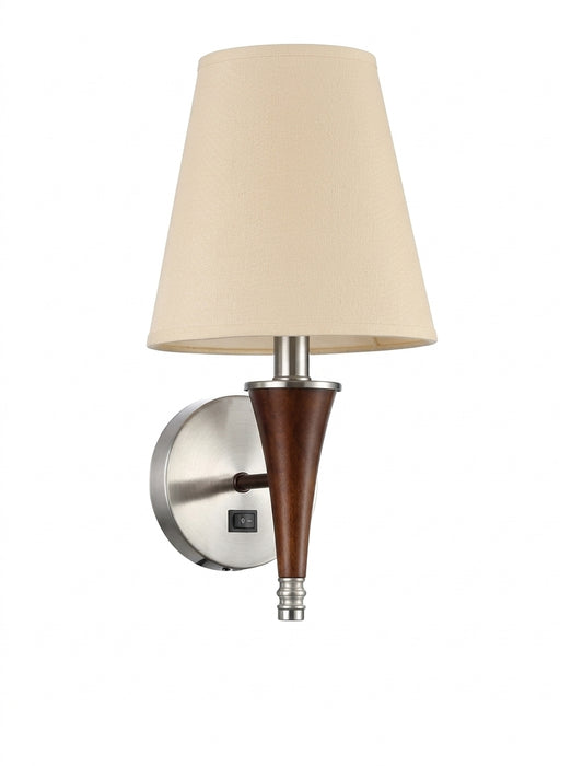 Single-Light Wall Lamp with Fabric Shade – Metallic Finish and Tapered Decorative Body