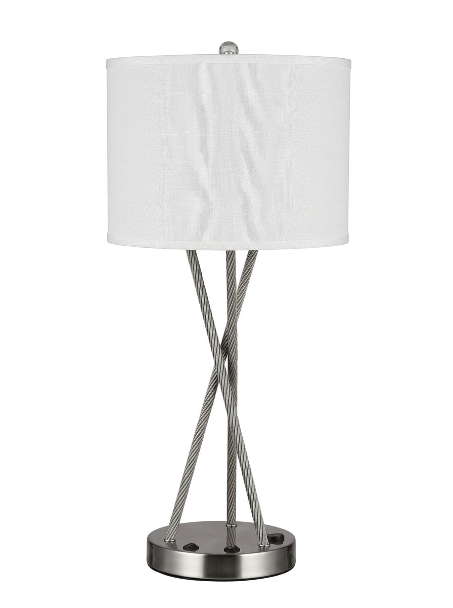 Modern Cross-Frame Table Lamp with White Fabric Shade – Sculptural Metal Accent Light