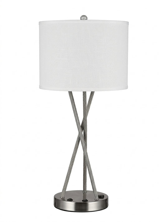 Modern Cross-Frame Table Lamp with White Fabric Shade – Sculptural Metal Accent Light