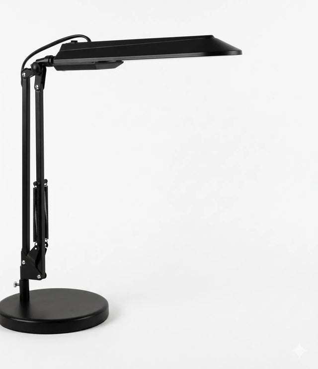 Adjustable Swing Arm Desk Lamp with Long Linear Light Head and Round Base